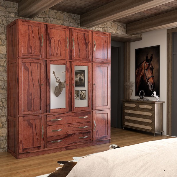 Guarda-Roupa Casal Rústico Madeira Maciça 10 Portas 3 Gavetas com Espelho Mogano - Panorama Móveis