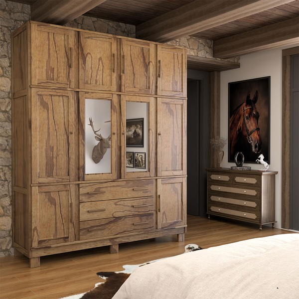 Guarda-Roupa Casal Rústico Madeira Maciça 10 Portas 3 Gavetas com Espelho e Pés Castanho - Panorama Móveis