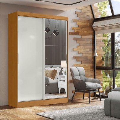 Guarda-Roupa Casal Quioto 2 Portas 2 Gavetas com Espelho Cinamomo/Off White - Mx Móveis