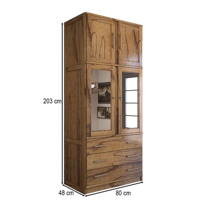 Guarda-Roupa Solteiro Rústico 4 Portas 3 Gavetas Madeira Maciça com Espelho Castanho - Panorama Móveis