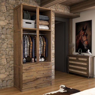 Guarda-Roupa Solteiro Rústico 4 Portas 3 Gavetas Madeira Maciça com Espelho Castanho - Panorama Móveis