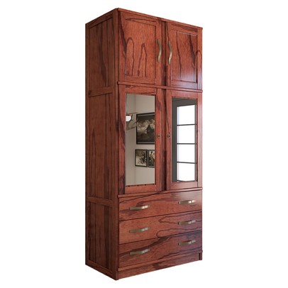 Guarda-Roupa Solteiro Rústico 4 Portas 3 Gavetas Madeira Maciça com Espelho Mogano - Panorama Móveis