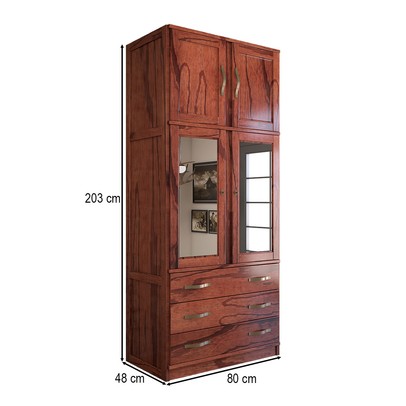 Guarda-Roupa Solteiro Rústico 4 Portas 3 Gavetas Madeira Maciça com Espelho Mogano - Panorama Móveis
