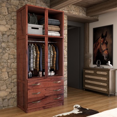 Guarda-Roupa Solteiro Rústico 4 Portas 3 Gavetas Madeira Maciça com Espelho Mogano - Panorama Móveis