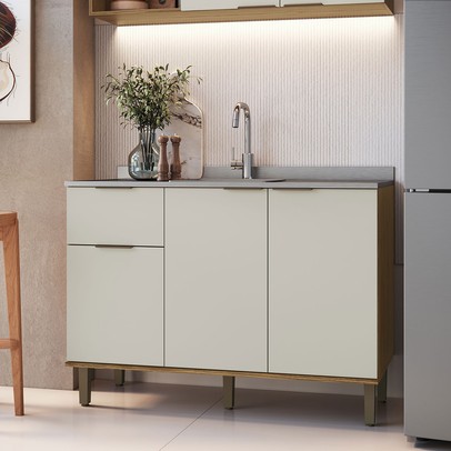 Balcão de Cozinha para Pia 120 Cm Florença 3 Portas 1 Gaveta Naturalle/Sabbia - Decibal