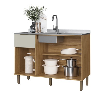 Balcão de Cozinha para Pia 120 Cm Florença 3 Portas 1 Gaveta Naturalle/Sabbia - Decibal