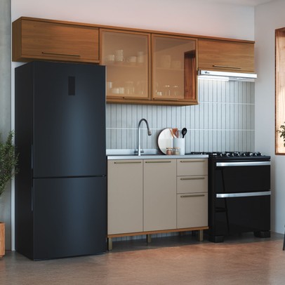 Cozinha Completa Munique 6 Portas 3 Gavetas com Vidro Freijó/Camurça - Indékes