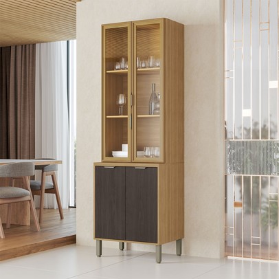 Cristaleira Colors 4 Portas 100% Mdf com Vidro Freijó/Nogueira Bourbon - Kits Paraná