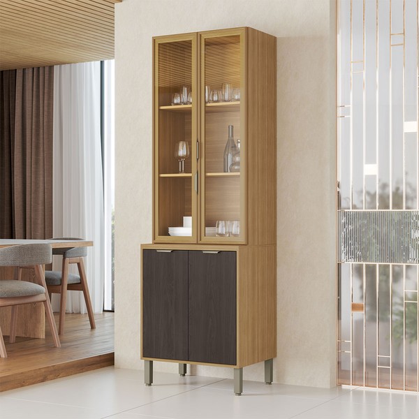 Cristaleira Colors 4 Portas 100% Mdf com Vidro Freijó/Nogueira Bourbon - Kits Paraná