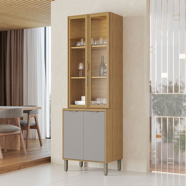 Cristaleira Colors 4 Portas 100% Mdf com Vidro Freijó/Cinza Chalck - Kits Paraná