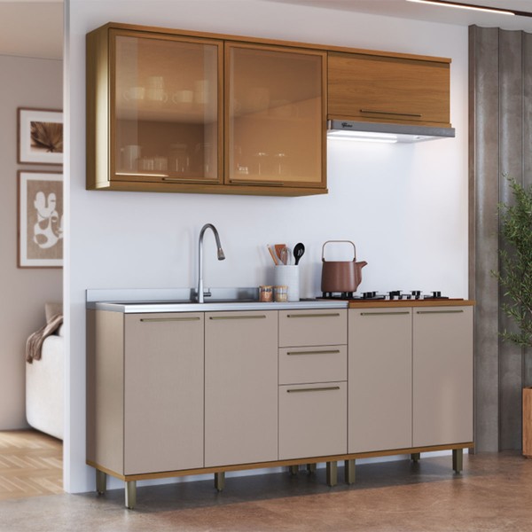 Cozinha Completa Munique 7 Portas 3 Gavetas com Vidro Freijó/Camurça - Indékes