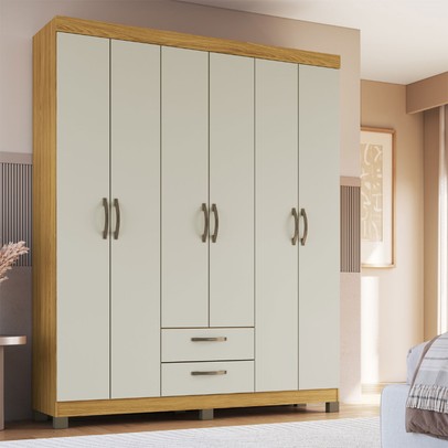 Guarda-Roupa Casal Basic 6 Portas 2 Gavetas Ipê/Cristalo - Decibal