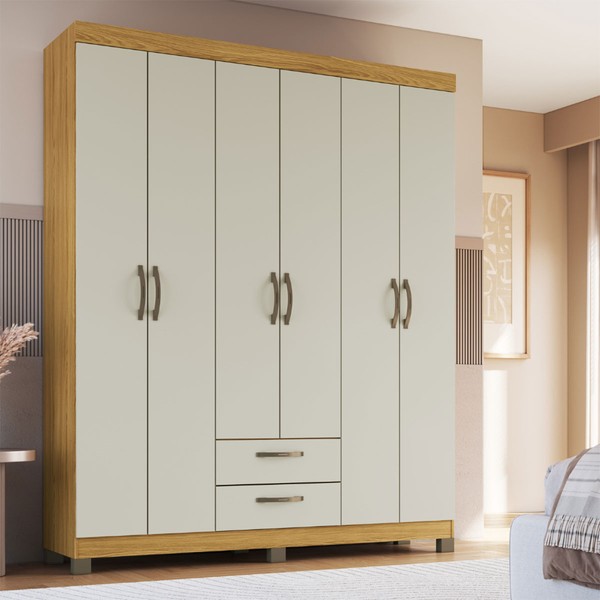 Guarda-Roupa Casal Basic 6 Portas 2 Gavetas Ipê/Cristalo - Decibal