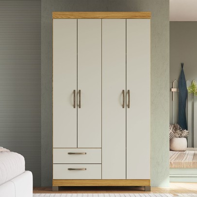 Guarda-Roupa Solteiro Basic 4 Portas 2 Gavetas Ipê/Cristalo - Decibal
