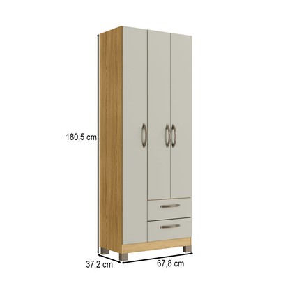 Guarda-Roupa Solteiro Basic 3 Portas 2 Gavetas Ipê/Cristalo - Decibal