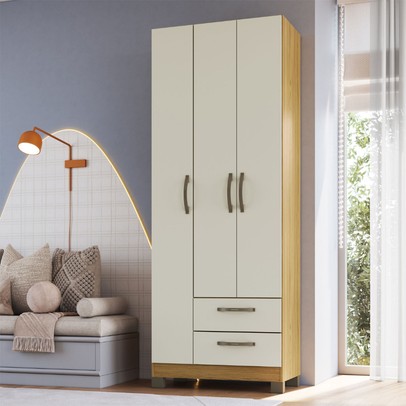 Guarda-Roupa Solteiro Basic 3 Portas 2 Gavetas Ipê/Cristalo - Decibal