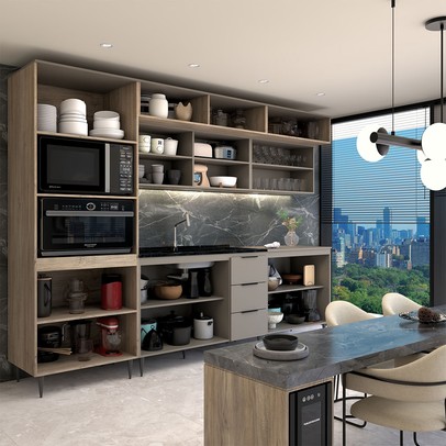Cozinha Completa Modulada 15 Portas 3 Gavetas com Vidro Imperial/Fume - Panorama Móveis
