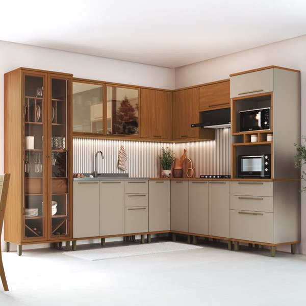 Cozinha Completa Munique 15 Portas 4 Gavetas com Vidro Freijó/Camurça - Indékes