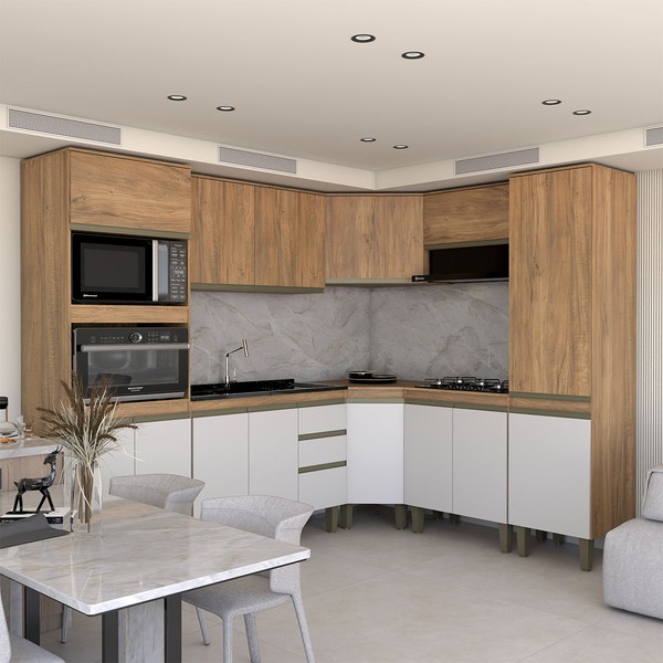 Cozinha Completa Modulada 14 Portas Gavetas Freijó/Off White - Panorama Móveis