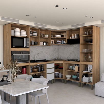 Cozinha Completa Modulada 14 Portas Gavetas Freijó/Off White - Panorama Móveis