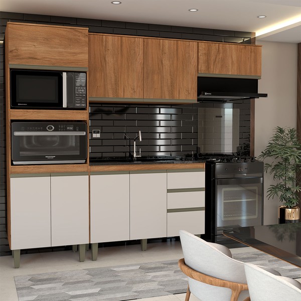 Cozinha Completa Modulada 8 Portas 3 Gavetas Freijó/Off White - Panorama Móveis