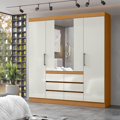 Guarda-Roupa Casal Medina 4 Portas 6 Gavetas com Espelho Cinamomo/Off White - Mx Móveis