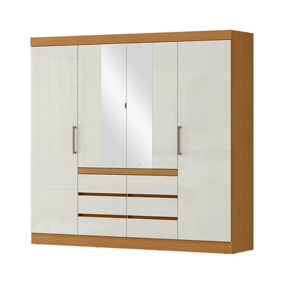 Guarda-Roupa Casal Medina 4 Portas 6 Gavetas com Espelho Cinamomo/Off White - Mx Móveis