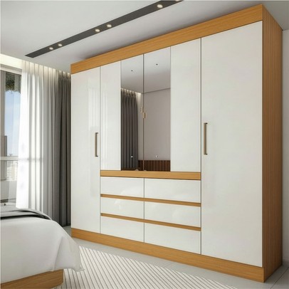 Guarda-Roupa Casal Medina 4 Portas 6 Gavetas com Espelho Cinamomo/Off White - Mx Móveis