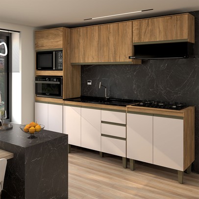 Cozinha Completa Modulada 10 Portas 3 Gavetas Freijó/Off White - Panorama Móveis