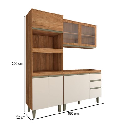 Cozinha Compacta Modulada 7 Portas 3 Gavetas com Vidro Freijó/Off White - Panorama Móveis