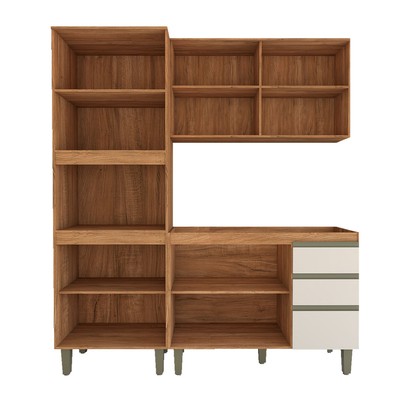 Cozinha Compacta Modulada 7 Portas 3 Gavetas com Vidro Freijó/Off White - Panorama Móveis