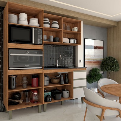 Cozinha Compacta Modulada 7 Portas 3 Gavetas com Vidro Freijó/Off White - Panorama Móveis