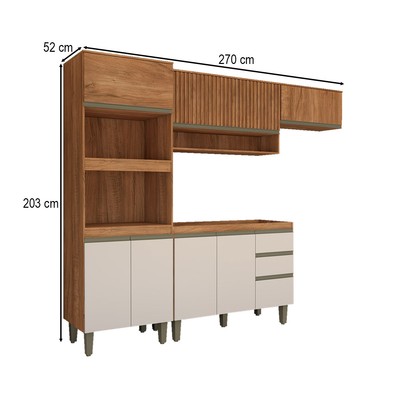 Cozinha Compacta Modulada 7 Portas 3 Gavetas Ripado Freijó/Off White - Panorama Móveis