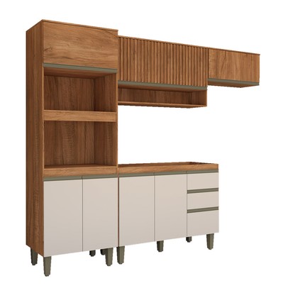 Cozinha Compacta Modulada 7 Portas 3 Gavetas Ripado Freijó/Off White - Panorama Móveis