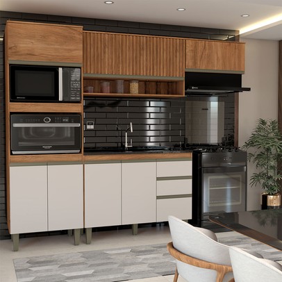 Cozinha Compacta Modulada 7 Portas 3 Gavetas Ripado Freijó/Off White - Panorama Móveis