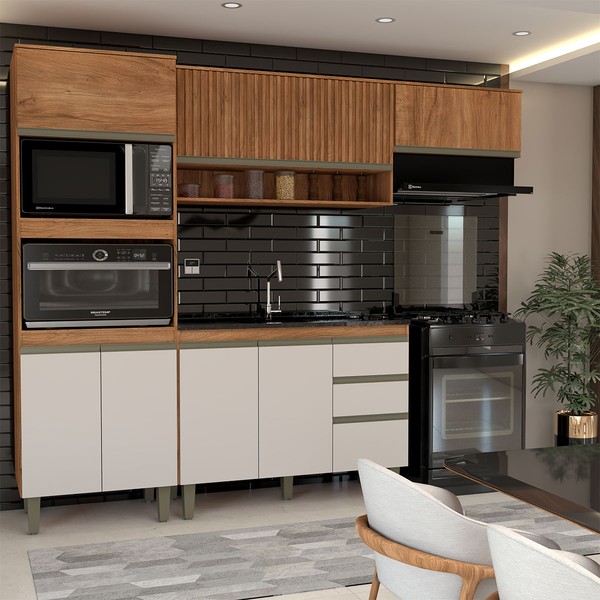 Cozinha Compacta Modulada 7 Portas 3 Gavetas Ripado Freijó/Off White - Panorama Móveis