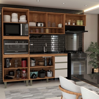 Cozinha Compacta Modulada 7 Portas 3 Gavetas Ripado Freijó/Off White - Panorama Móveis