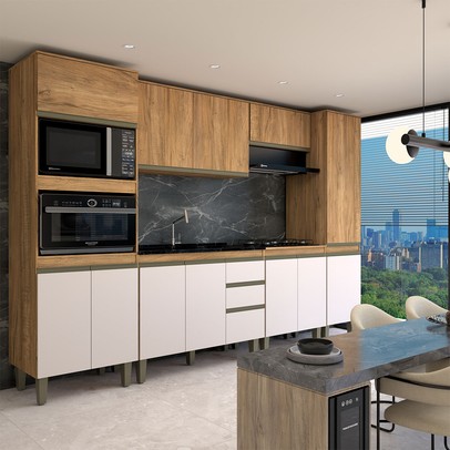 Cozinha Completa Modulada 12 Portas 3 Gavetas Freijó/Off White - Panorama Móveis