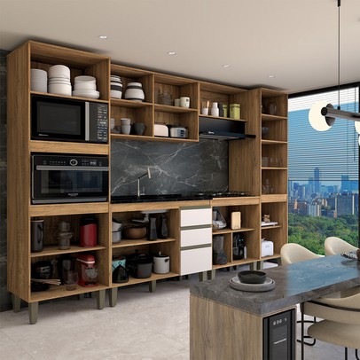 Cozinha Completa Modulada 12 Portas 3 Gavetas Freijó/Off White - Panorama Móveis