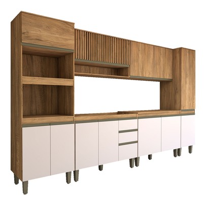 Cozinha Completa Modulada 12 Portas 3 Gavetas Ripado Freijó/Off White - Panorama Móveis