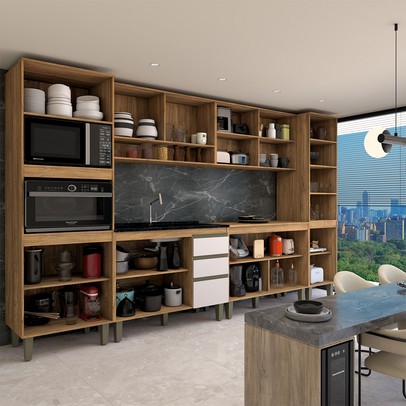 Cozinha Completa Modulada 12 Portas 3 Gavetas Ripado Freijó/Off White - Panorama Móveis