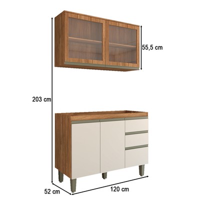 Cozinha Compacta Modulada 4 Portas 3 Gavetas com Vidro Freijó/Off White - Panorama Móveis