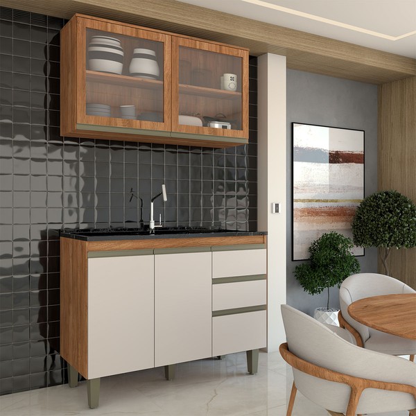 Cozinha Compacta Modulada 4 Portas 3 Gavetas com Vidro Freijó/Off White - Panorama Móveis