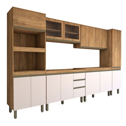 Cozinha Completa Modulada 13 Portas 3 Gavetas com Vidro Freijó/Off White - Panorama Móveis