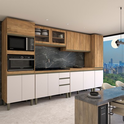 Cozinha Completa Modulada 13 Portas 3 Gavetas com Vidro Freijó/Off White - Panorama Móveis