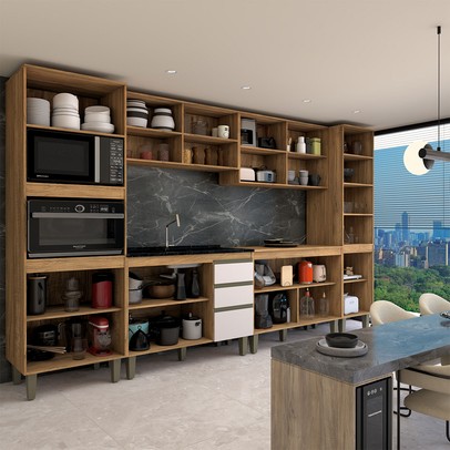 Cozinha Completa Modulada 13 Portas 3 Gavetas com Vidro Freijó/Off White - Panorama Móveis