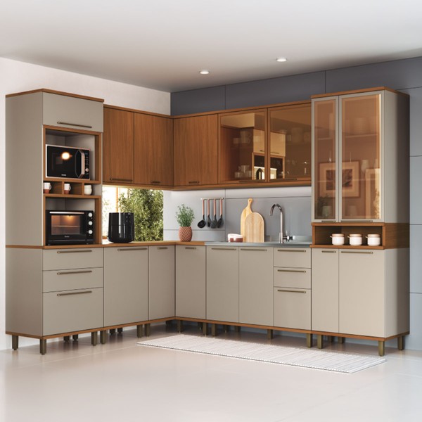 Cozinha Completa Munique 15 Portas 6 Gavetas com Vidro Freijó/Camurça - Indékes