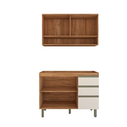 Cozinha Compacta Modulada 3 Portas 3 Gavetas Ripado Freijó/Off White - Panorama Móveis