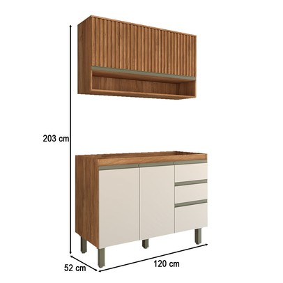 Cozinha Compacta Modulada 3 Portas 3 Gavetas Ripado Freijó/Off White - Panorama Móveis