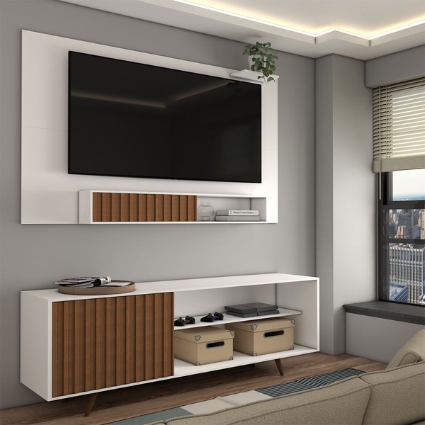Rack com Painel para TV Até 55 Polegadas Ripado Branco/Freijó - Panorama Móveis